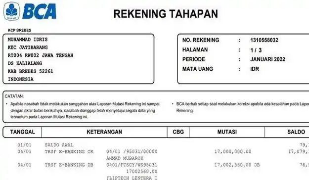 Contoh Nomor Rekening BCA di Buku Tabungan
